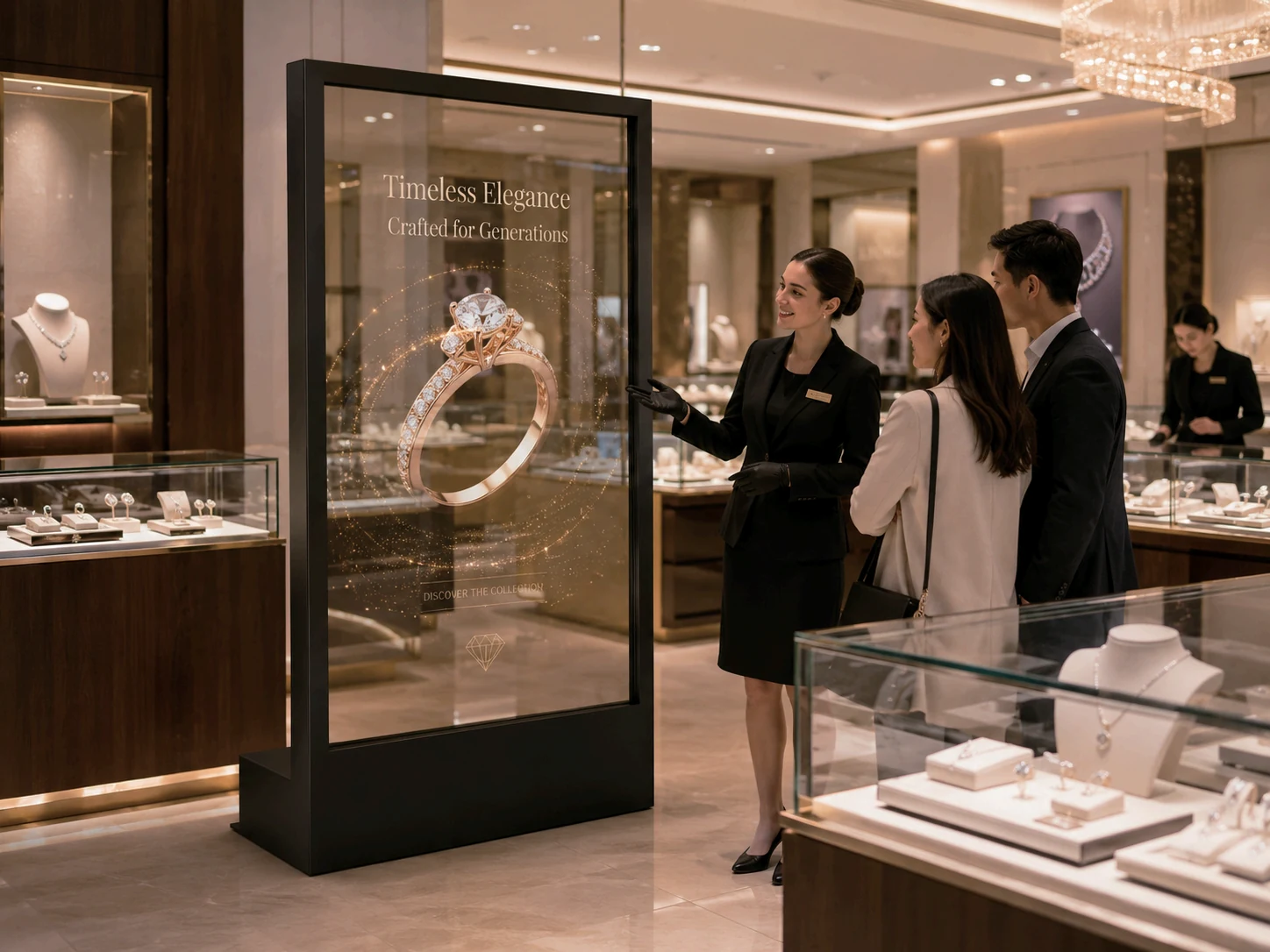 Transparent OLED jewelry display in a luxury retail showroom