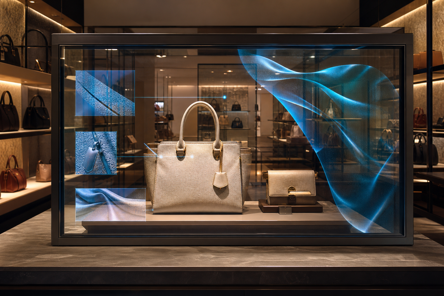 Transparent OLED retail display presenting digital content with a physical handbag