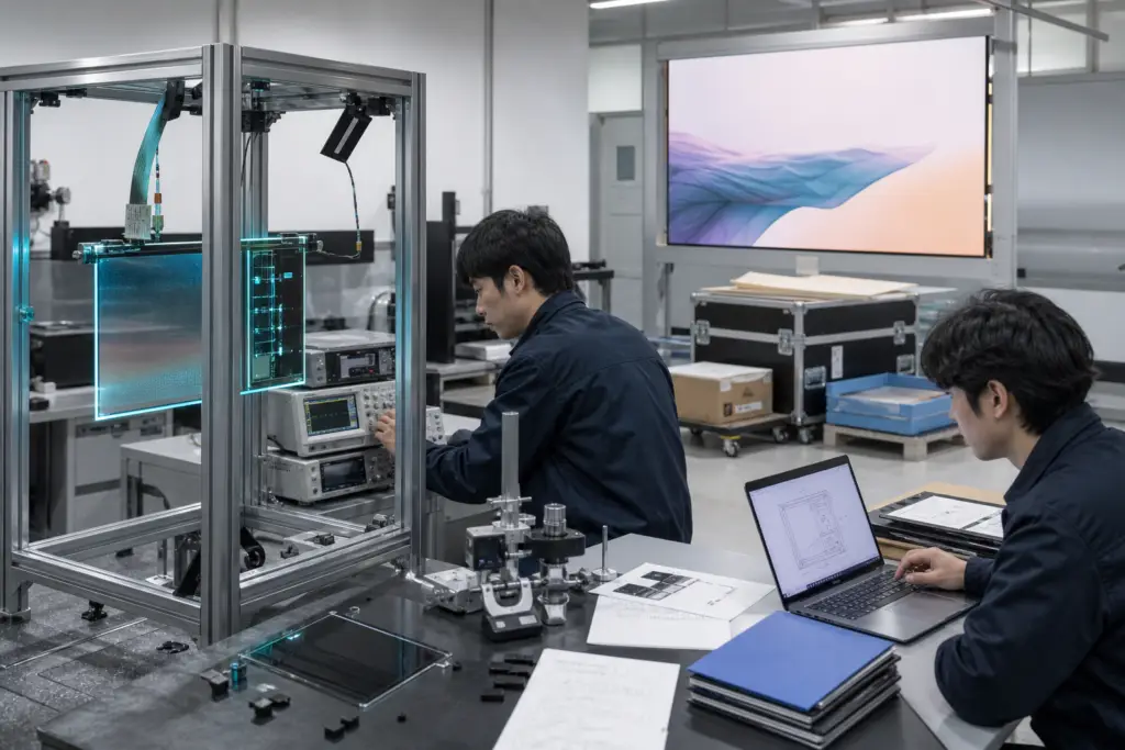 Engineers validating a TOLED display prototype before delivery