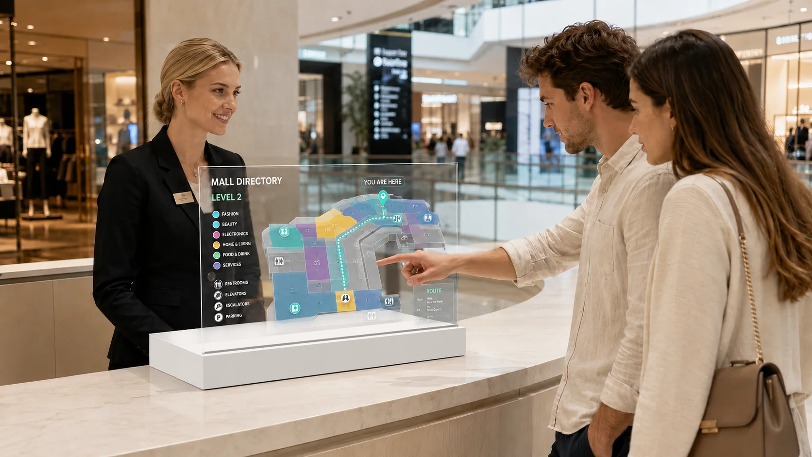 Transparent OLED mall directory and wayfinding display for retail spaces